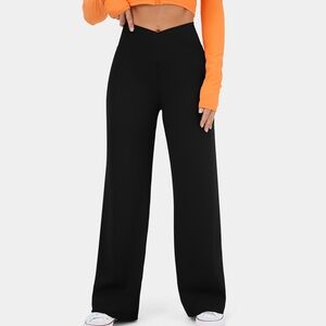 Halara Crossover Waist Wide Leg Yoga Pants Leggings Side Pocket Black M NWT